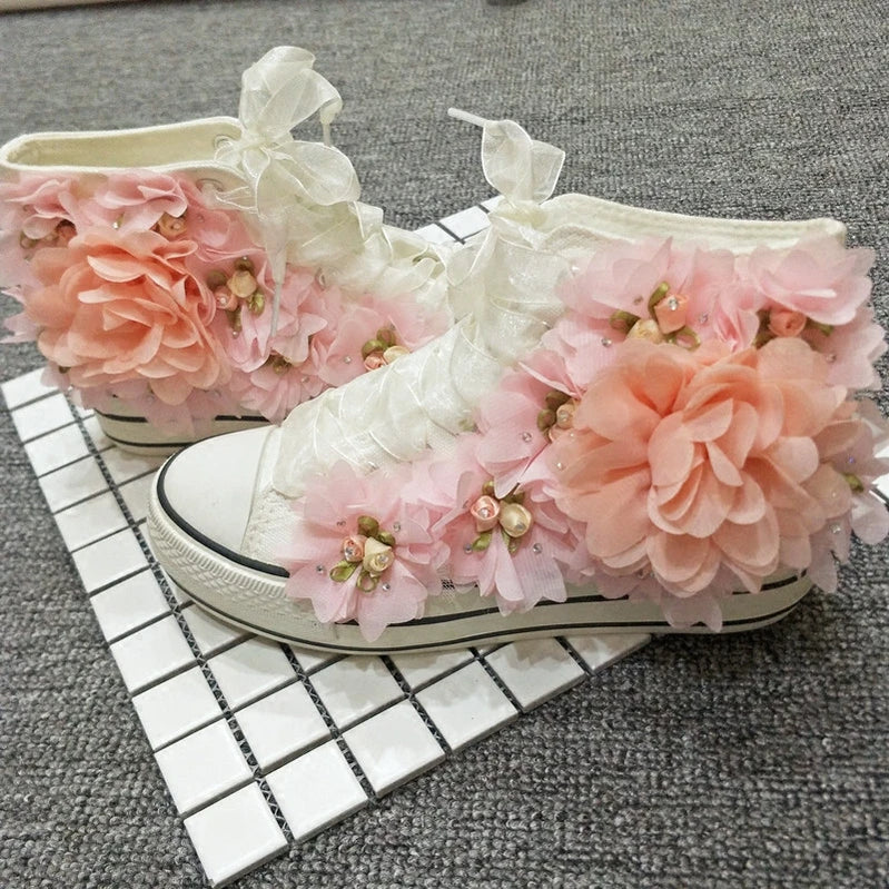 Handmade Flower Canvas Shoes for Women Rhinestones Pink Lace Flower Students Lady Casual Shoes White Platform Sneakers