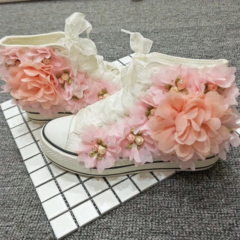 Handmade Flower Canvas Shoes for Women Rhinestones Pink Lace Flower Students Lady Casual Shoes White Platform Sneakers