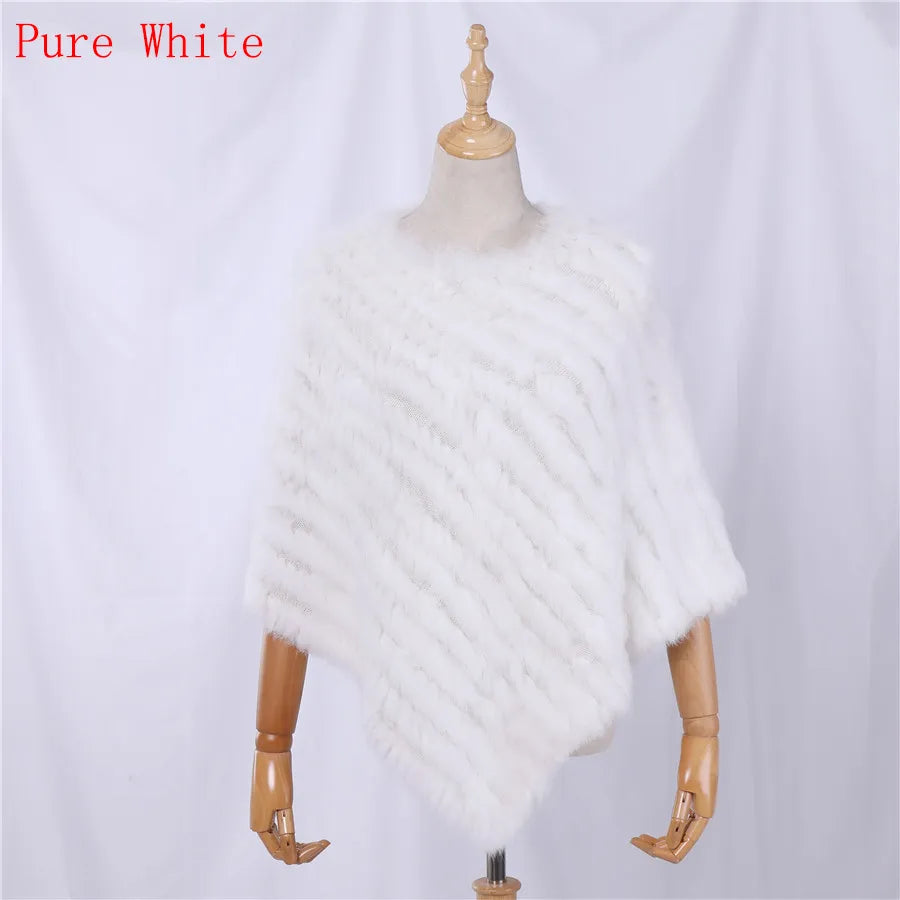 Rabbit Fur Knitted Natural Fur Poncho Fashion Wrap Coat Shawl Lady Scarf Natural Fur Wedding Party Wholesale Cape Pure White