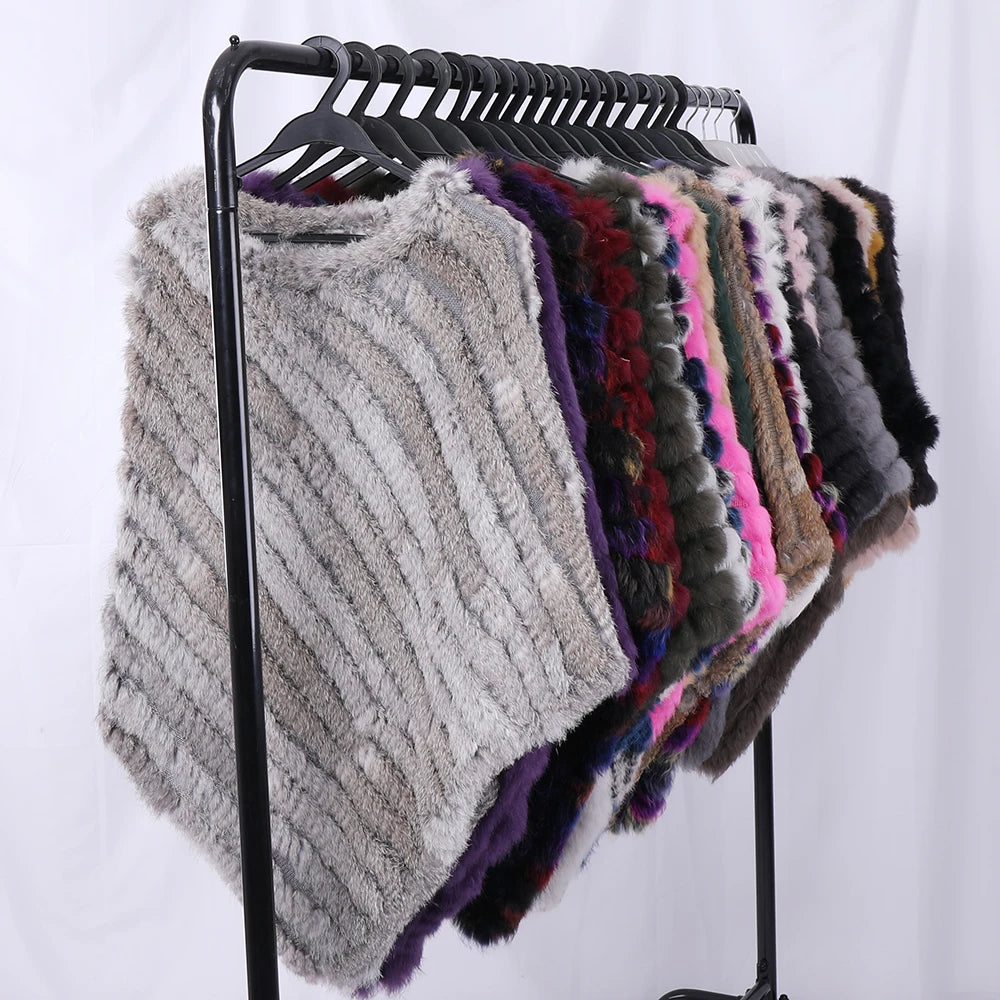 Rabbit Fur Knitted Natural Fur Poncho Fashion Wrap Coat Shawl Lady Scarf Natural Fur Wedding Party Wholesale Cape
