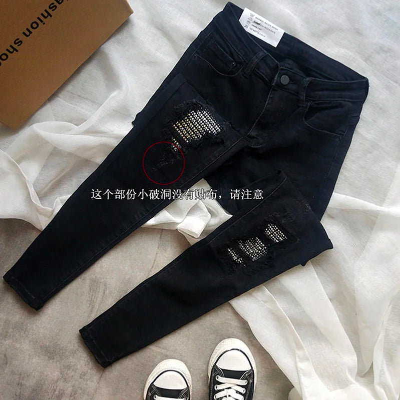 Spring Autumn Hole Sequined Jeans Women Streetwear High Elastic Stretch Skinny Pencil Pants Female Denim Trousers