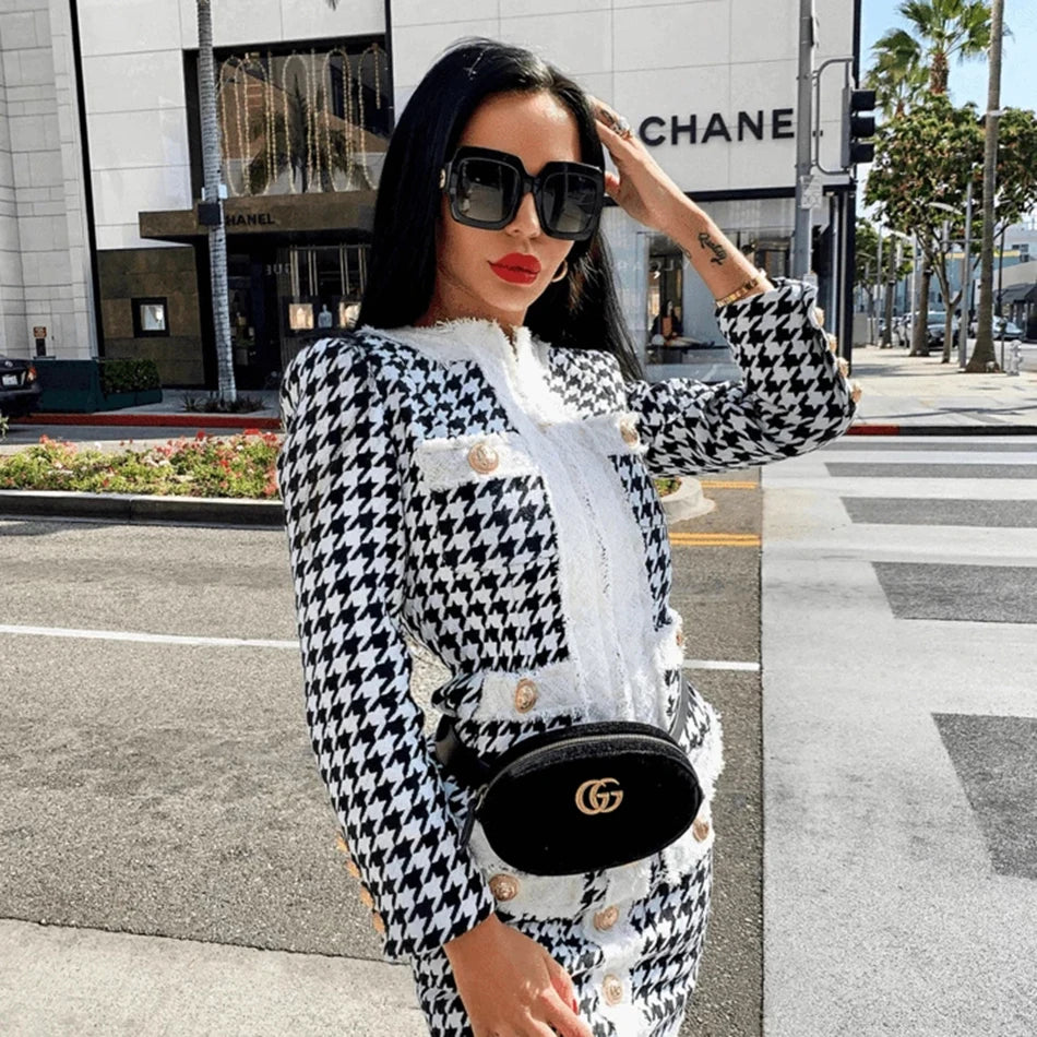 2025 Autumn Women'S Houndstooth Tweed 2 Piece Sets Of Sexy Long-Sleeved Round Neck Button Coat + Short Pencil Skirt Party Suits