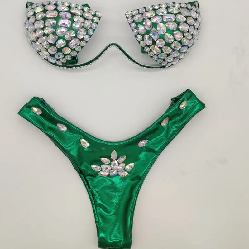 Diamond bikini crystal bikini swimwear plus sizes bikini rhinestone bikini swimsuit sexy beachwear biquini SHINY GREEN