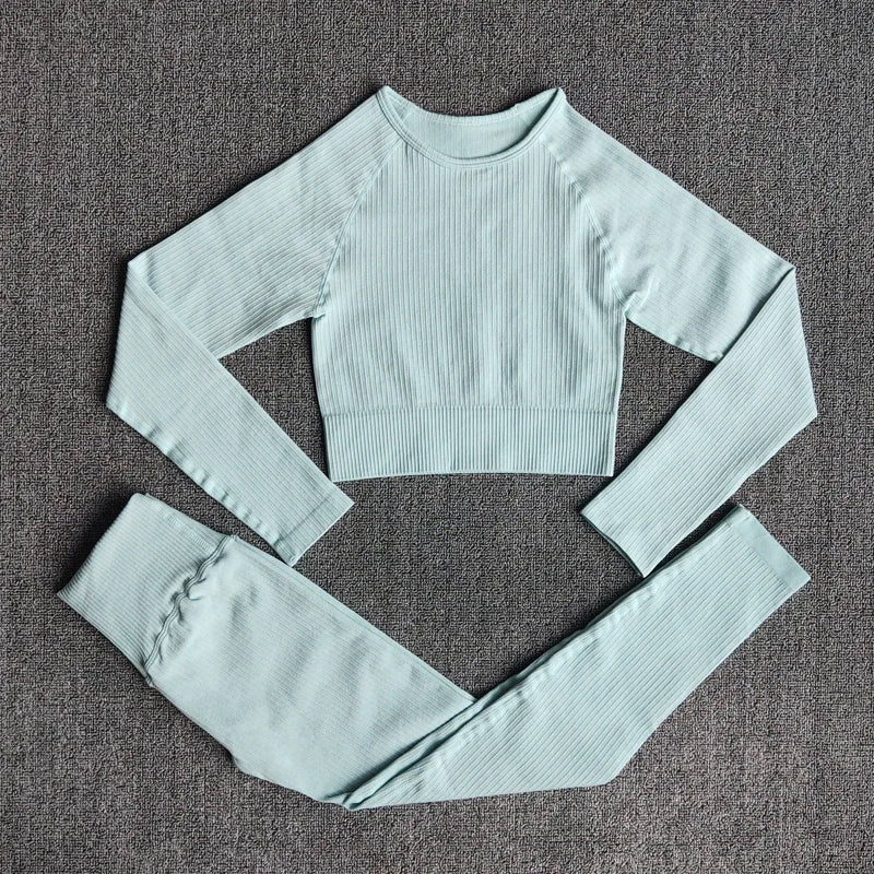 Women's Sportswear Yoga Set Workout Clothes Athletic Wear Sports Gym Legging Seamless Fitness Bra Crop Top Long Sleeve Yoga Suit ShirtsPantsBlue