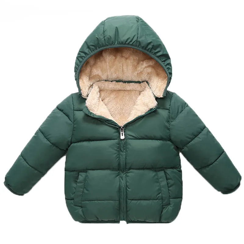 Baby Kids Jackets Boys Winter Thick Coats Warm Cashmere Outerwear For Girls Hooded Jacket Children Clothes Toddler Overcoat 1-6Y green