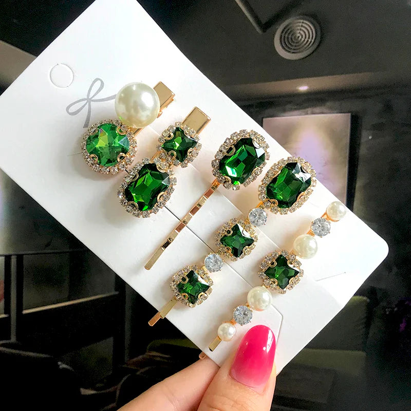 Set Women Hair Clips Jewelry Fashion Crystal Hair Accessories For Girls Luxury Pearl Geometric Barrettes Pins Christmas Gift 5pcs-green