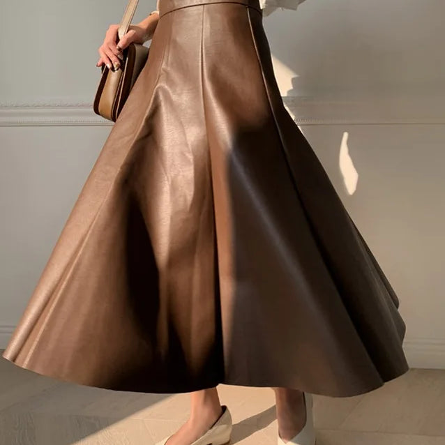 Neophil Chic Ladies Latex Flare Black Skirts Vintage Pu Faux Leather Ball Gown Long Skirt Thick Party A-Line Swing Faldas S21836 Brown