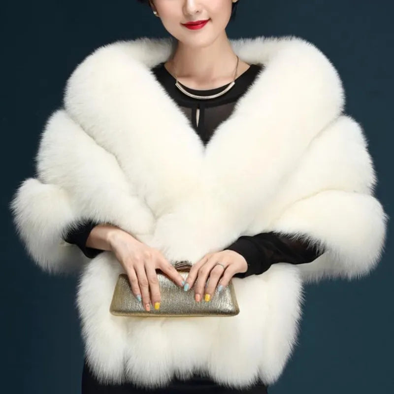 Womens Luxurious Winter Faux Fur Scarf Collar Shrug Sexy V-Neck Shawl Wrap Stole Bridal Cloak Cape Cover Up for Wedding Party Default Title