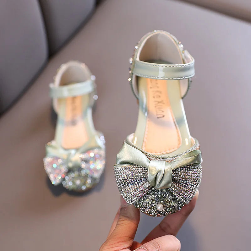Children Leather Shoes Rhinestone Bow Princess Girls Party Dance Shoes Baby Student Flats Kids Performance Shoes 2299green