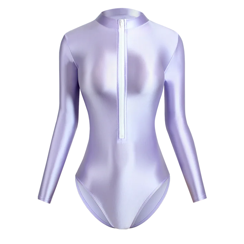Satin Shiny Japanese Women's Sexy Body Suits Front Zipper Long Sleeve Tight Glossy Silky High Cut One Piece Swimsuit Plus Size Light Purple