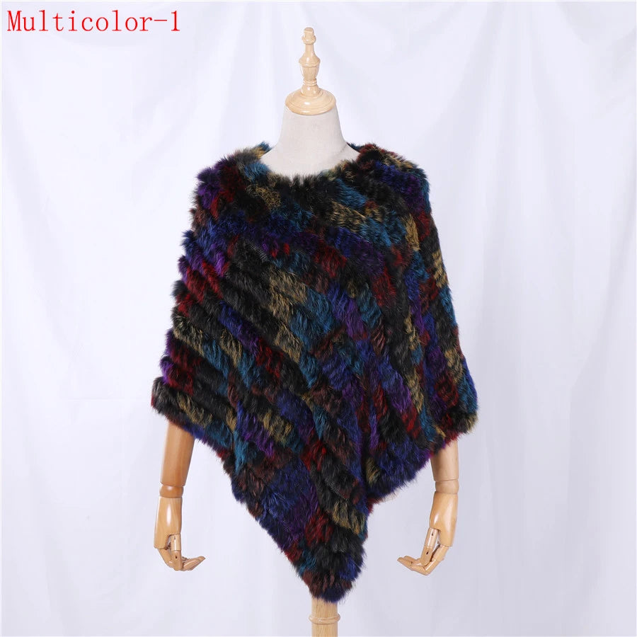 Rabbit Fur Knitted Natural Fur Poncho Fashion Wrap Coat Shawl Lady Scarf Natural Fur Wedding Party Wholesale Cape Multicolor 1