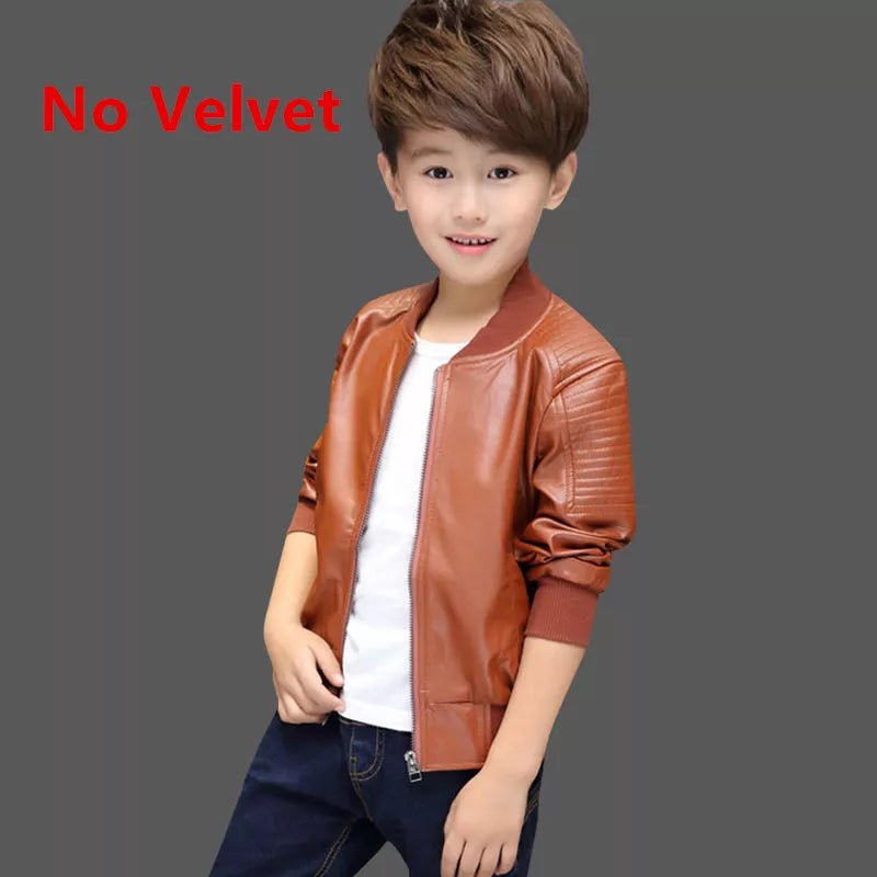 Boys Coats Autumn Winter Fashion Children's Plus Velvet / No Velvet Two styles Warming Cotton PU Leather Jacket For 1-11Y Kids No Velvet Coffee