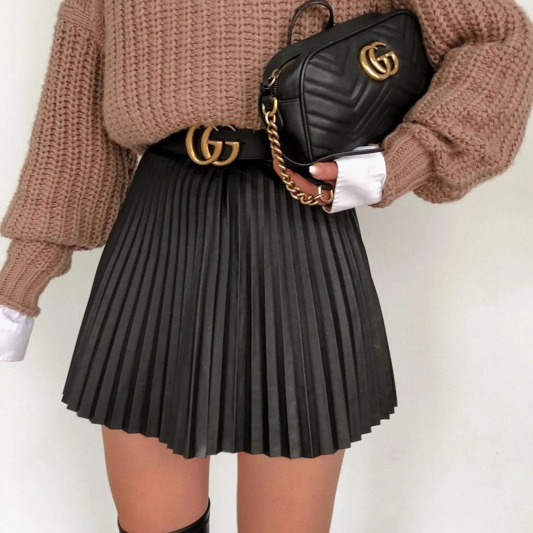 High Waist Pleated Women Skirt A-line Faux Leather Streetwear Female Short Skirt Spring Autumn Party Club SexySkirt Black Skirt