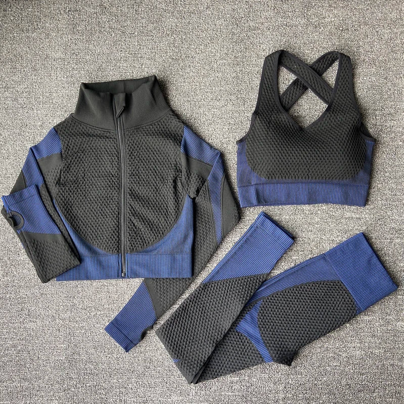 Seamless Women Yoga Sets Female Sport Gym Suits Wear Running Clothes Women Fitness Sport Yoga Suit Long Sleeve Yoga Clothing 3PcsSetBlue