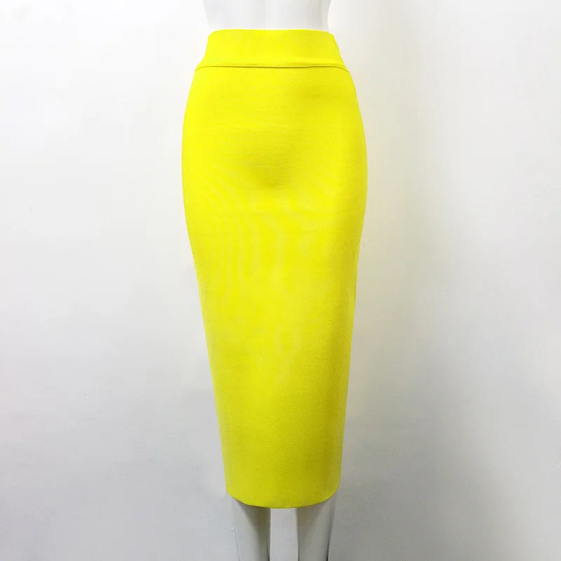 Women Candy Color Sexy Neon Green Brown Orange Yellow Knee Length Bandage Pencil Skirt 2020 Designer Skirt Faldas 78cm