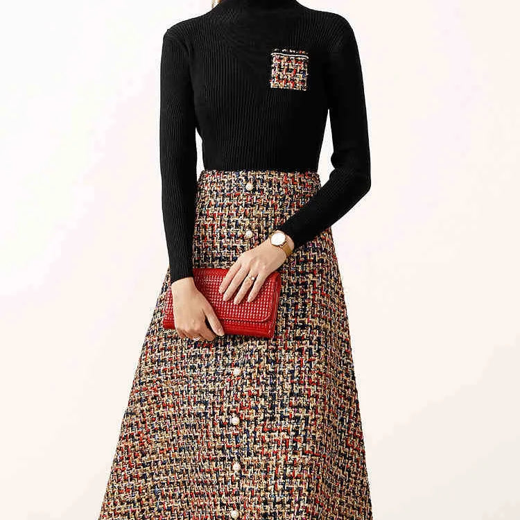 Women's Fashion Autumn Winter 2 Piece Dress Set Female Party Outfits Black Sweater Top and Long Tweed Woolen Skirt Suit Twinset