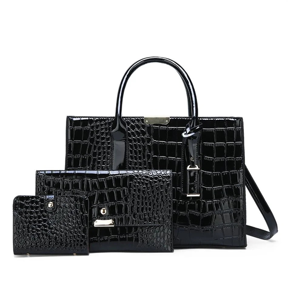 Casual Tote Sac Vintage Crocodile Pattern Patent Leather Luxury Handbags Brand Designer Large Capacity Shoulder Messenger Bag Black-1