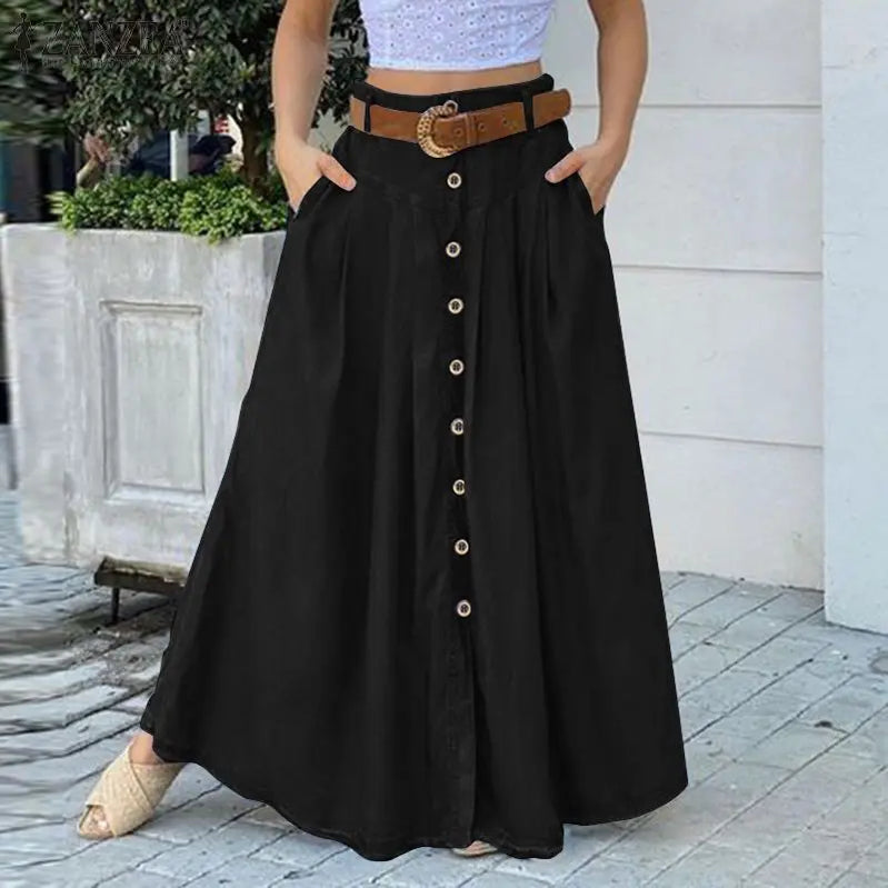 Fashion Button Maxi Skirts Women Summer Sundress Casual High Waist Long Vestidos Female Solid Robe Femme