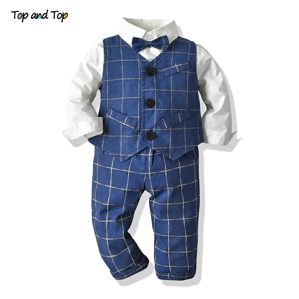 Top and Top Spring&Autumn Baby Boy Gentleman Suit White Shirt with Bow Tie+Striped Vest+Trousers 3Pcs Formal Kids Clothes Set Blue