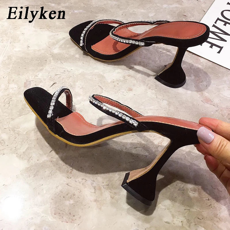 Fashion Rhinestone Chain Women Slippers Sandals Strange Cup Heels Sexy Leopard Print Square Toe Ladies Dress Shoes