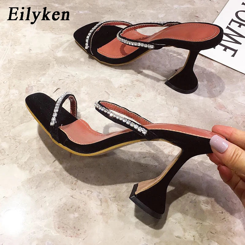 Fashion Rhinestone Chain Women Slippers Sandals Strange Cup Heels Sexy Leopard Print Square Toe Ladies Dress Shoes