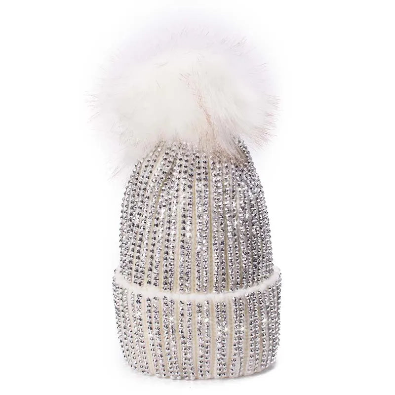 Winter Hats Faux Fur Pom Pom Rhinestone Bling Style Women Beanies Warm Knitted Skull Cap White