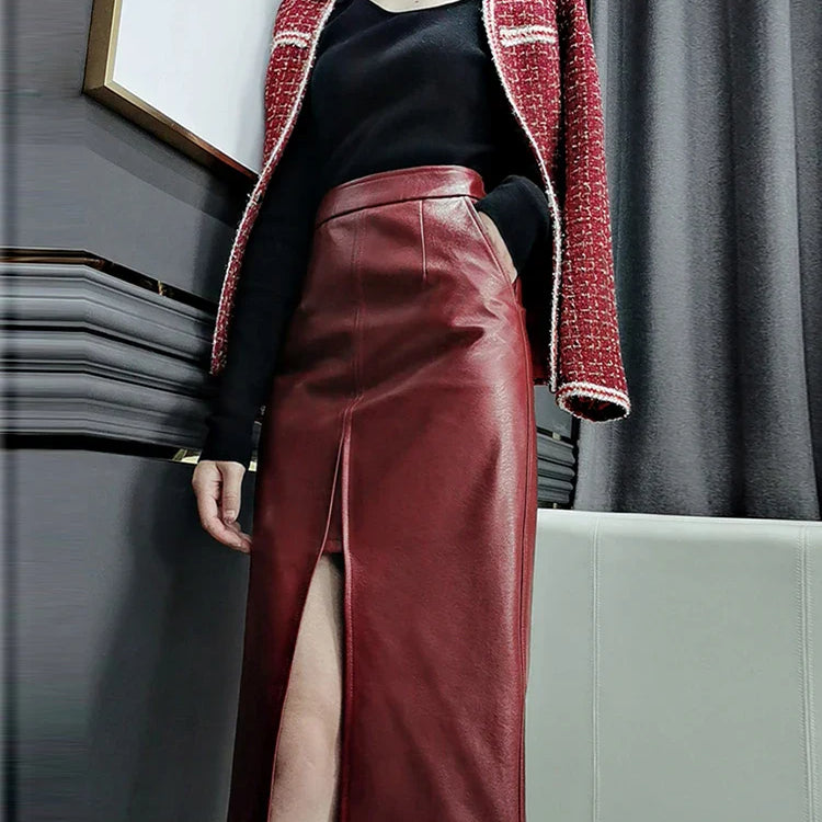 Lautaro Long Soft Faux leather pencil skirt women with front slit pockets High waisted midi skirts for women wine red skirt