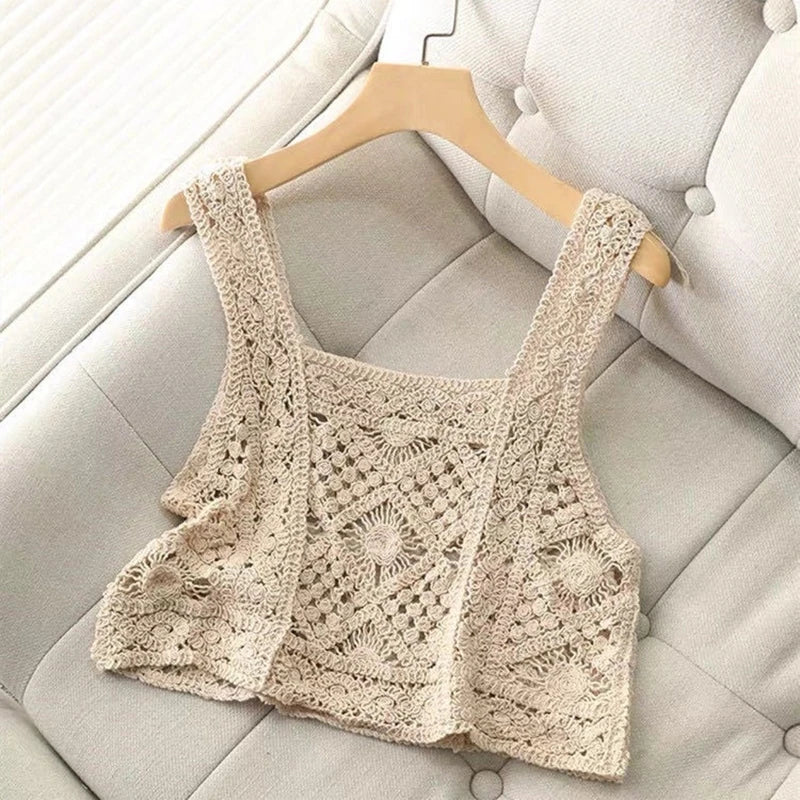 Women Vintage Crochet Camisole Bohemian Hollow Out Geometry Floral Knitted Vest Slim Sleeveless Crop Top Beachwear