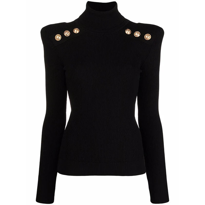 Classic Turtlenecks Pullovers Long Sleeve Gold Buckle Sweater Women Winter Fall Casual Elasticity Knitting Top black