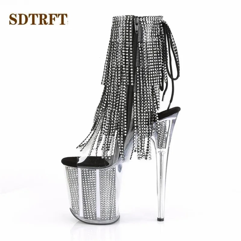 Stilettos 20cm Thin Heels Ankle boots transparent Platforms shoes Woman Rhinestone Tassels Botas Mujer Sequined pumps Dark Grey