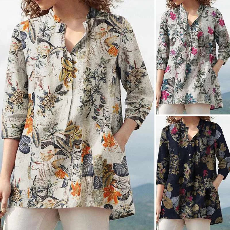 Floral Printed Blouse Oversized Women Casual V Neck 3/4 Sleeve Shirt Retro Maxi Cotton Tops Bohemian Work Female Blusas