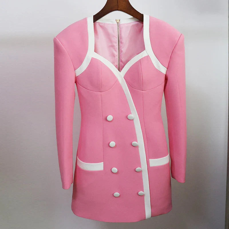 HIGH STREET Newest Designer Dress Women's Extra Shoulder Square Collar Long Sleeve Double Breasted Color Block Mini Dress