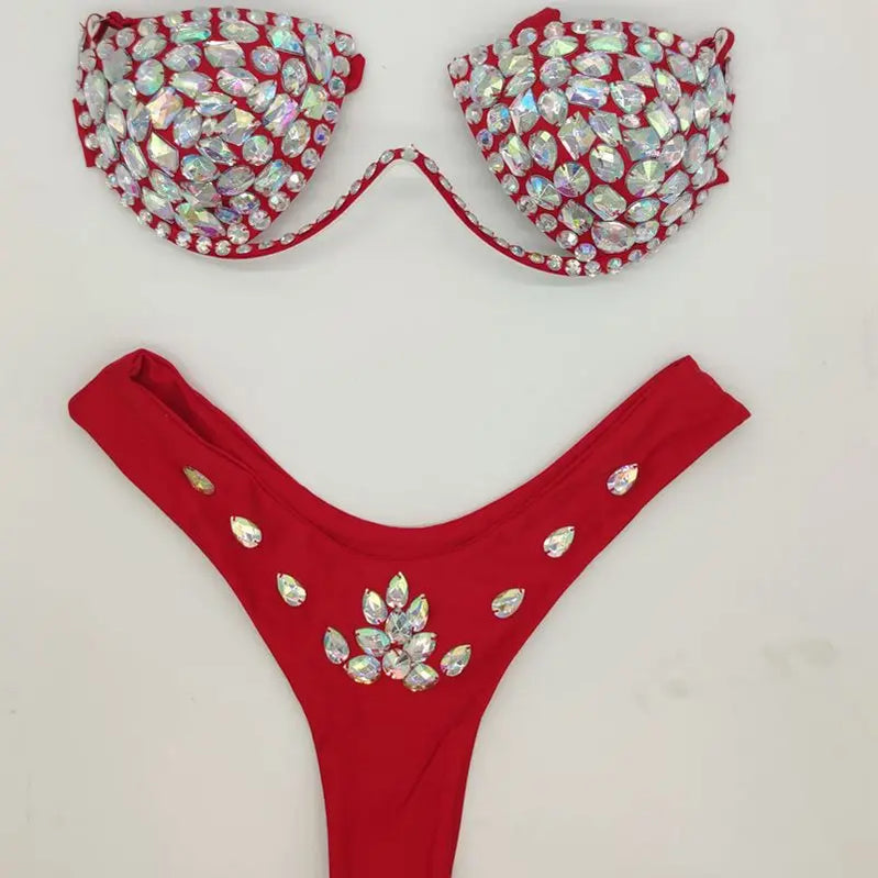 Diamond bikini crystal bikini swimwear plus sizes bikini rhinestone bikini swimsuit sexy beachwear biquini RED