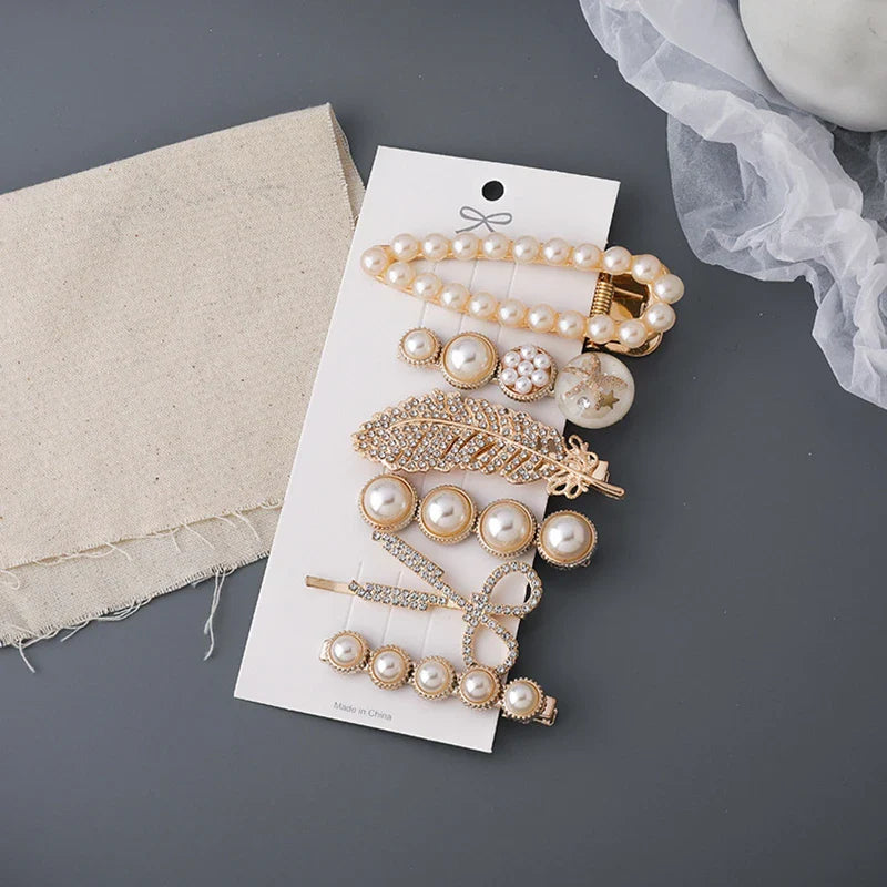 6pcs/set Feather Scissors Hair Clips for Women with Crystal Rhinestone Pearls Barrettes Fashion Jewelry Accessories Gifts YHA054