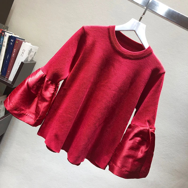 spring cute loose sweater womens fashion korean knitted shirts flare sleeve striped stitch pullovers women tops blusa pull red One Size