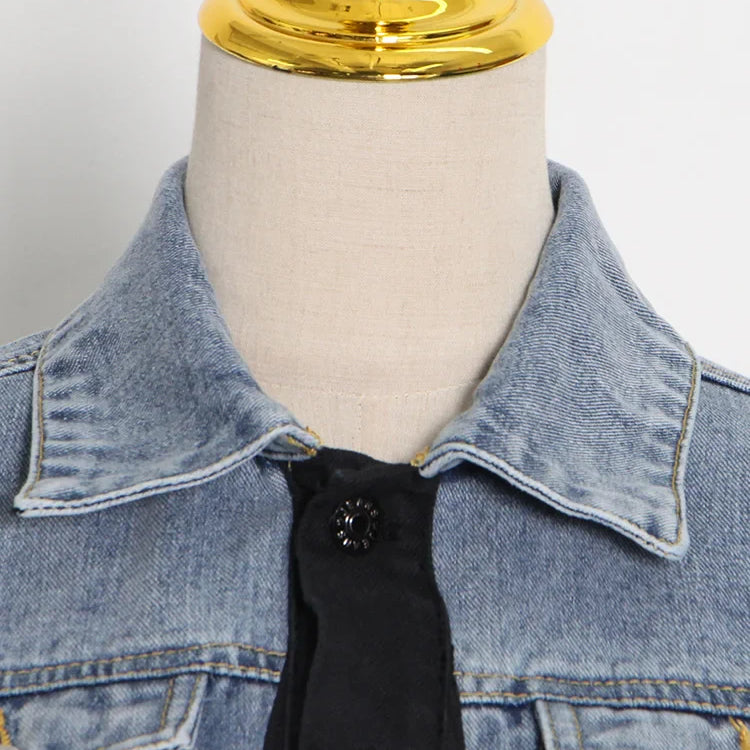 TWOTWINSTYLE Hit Color Patchwork Denim Two Piece Sets Women Long Sleeve Coat Jacket Female High Waist Pencil Pants Jeans 2022