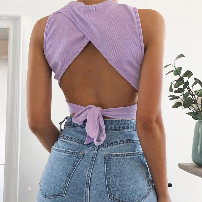 Sexy backless women tank top bandage slim crop top summer casual streetwear tops solid cotton soft criss cross top