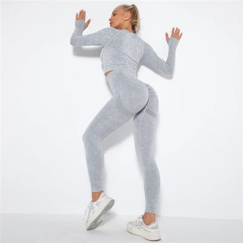 Women Seamless Yoga Set Fitness Sports Suits Gym Clothing Long Sleeve Crop Top Shirts High Waist Running Leggings Workout Pants Light Gray 2pcs