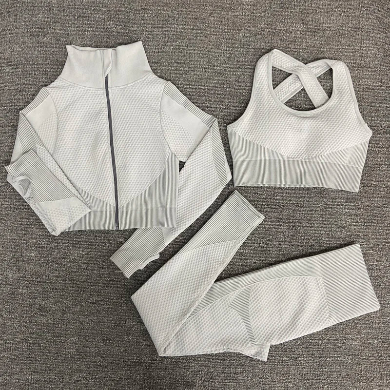 Seamless Women Yoga Sets Female Sport Gym Suits Wear Running Clothes Women Fitness Sport Yoga Suit Long Sleeve Yoga Clothing 3PcsSetGray