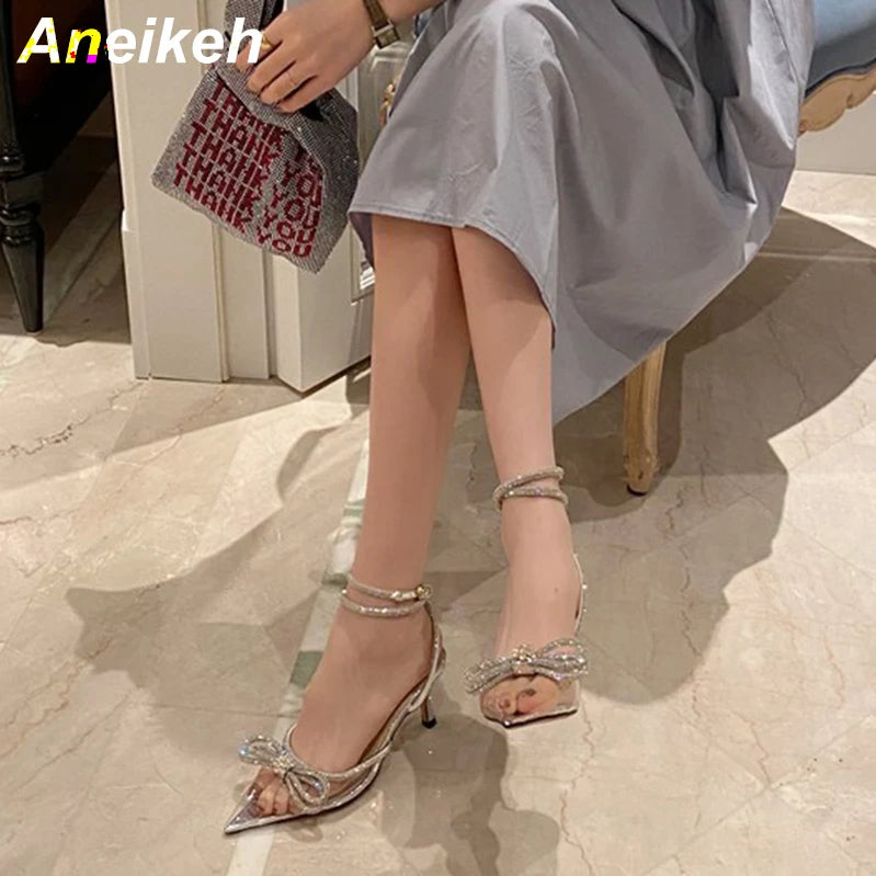 Women's Shoes Fashion Butterfly-Knot Narrow Band Bling Patchwork Cross-Tied Crystal Pointed Toe Pumps