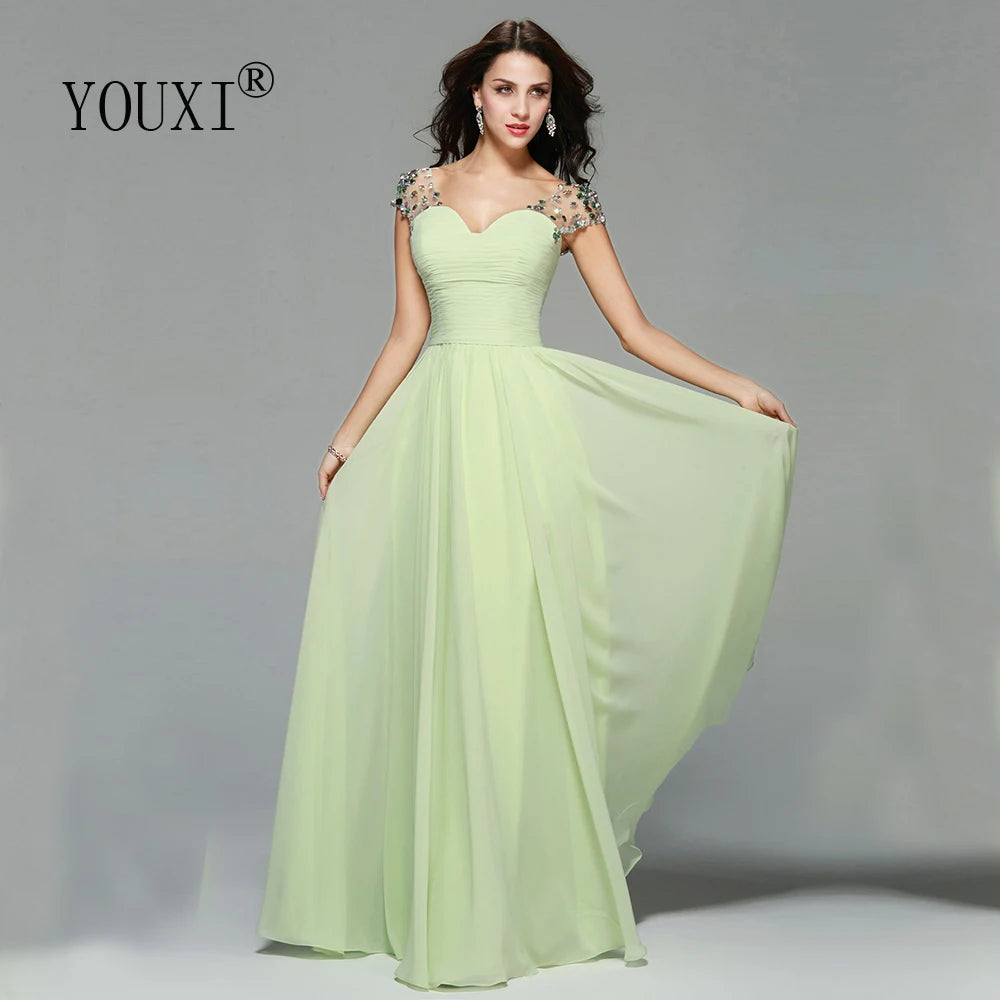 Elegant Cap Sleeves Light Green Prom Dresses Chiffon Crystal vestido de festa Evening Formal Dress for Women