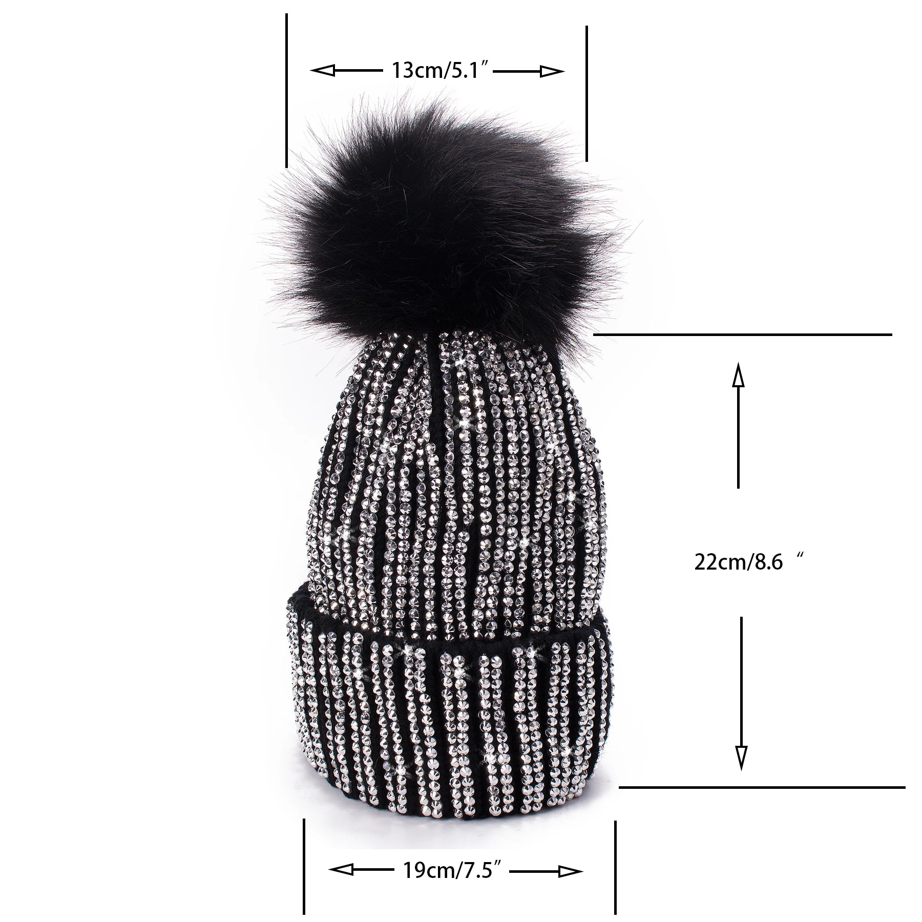 Winter Hats Faux Fur Pom Pom Rhinestone Bling Style Women Beanies Warm Knitted Skull Cap