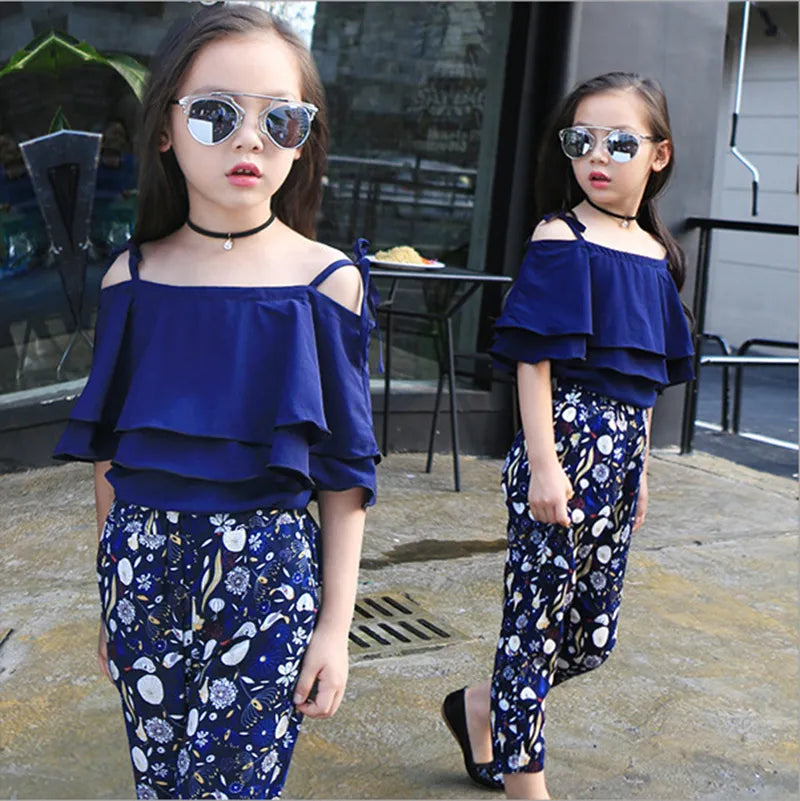 Summer Teen Girls Flower Chiffon Clothing Set Children Off Shoulder tops Floral Pants Kids Outfits Girl Clothes For 8 12 14Years Navy