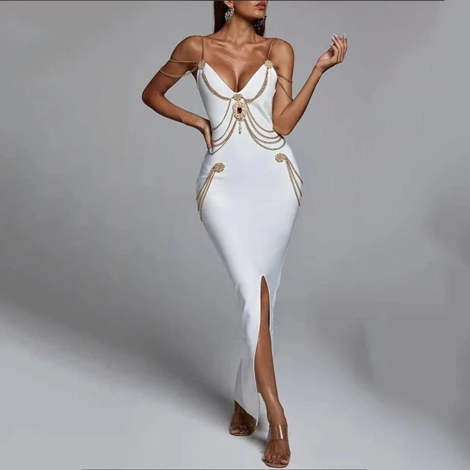 Vestido longo preto e branco com alças finas e decote em V, bandagem dividida, justo, para celebridades, clube, festa