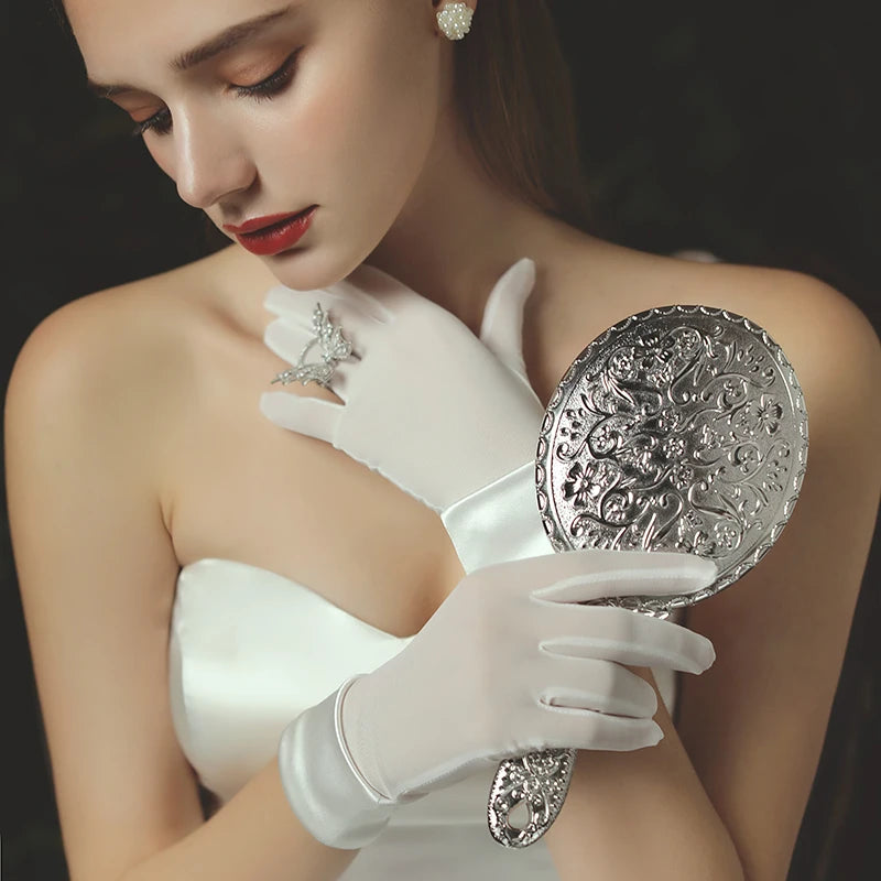 Simple Women Short Wedding Bridal Gloves Smooth Satin Tulle White Brides Bridesmaid Finger Gloves