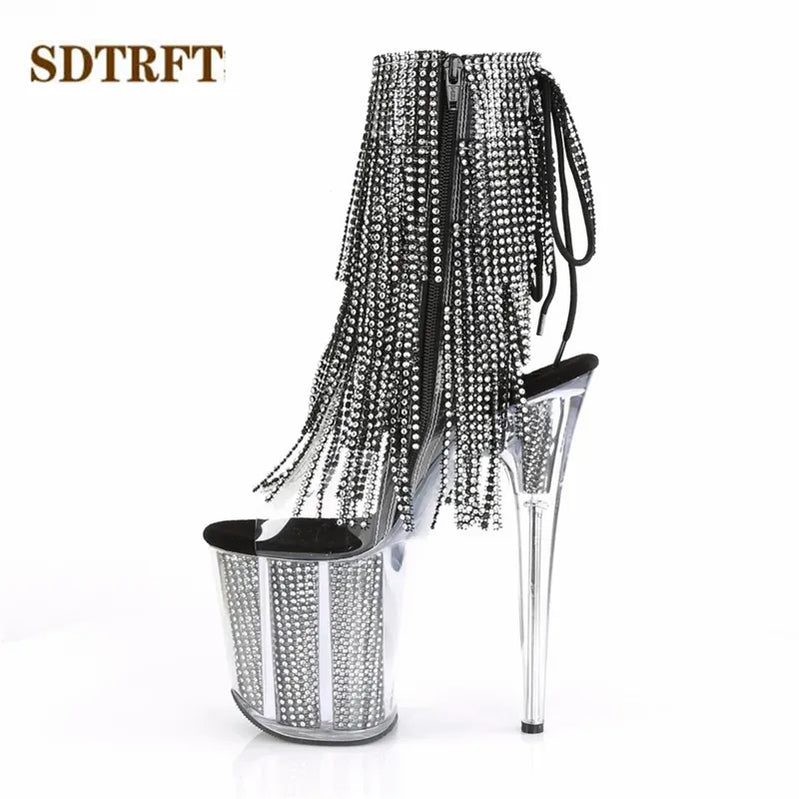 Stilettos 20cm Thin Heels Ankle boots transparent Platforms shoes Woman Rhinestone Tassels Botas Mujer Sequined pumps