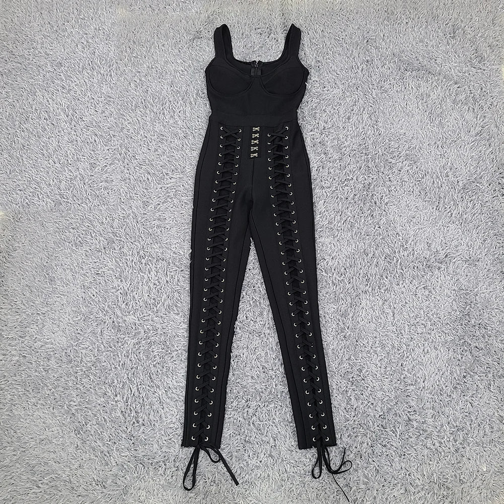 Macacão preto e branco sem mangas com faixa de rayon e coquetel para festa bodycon