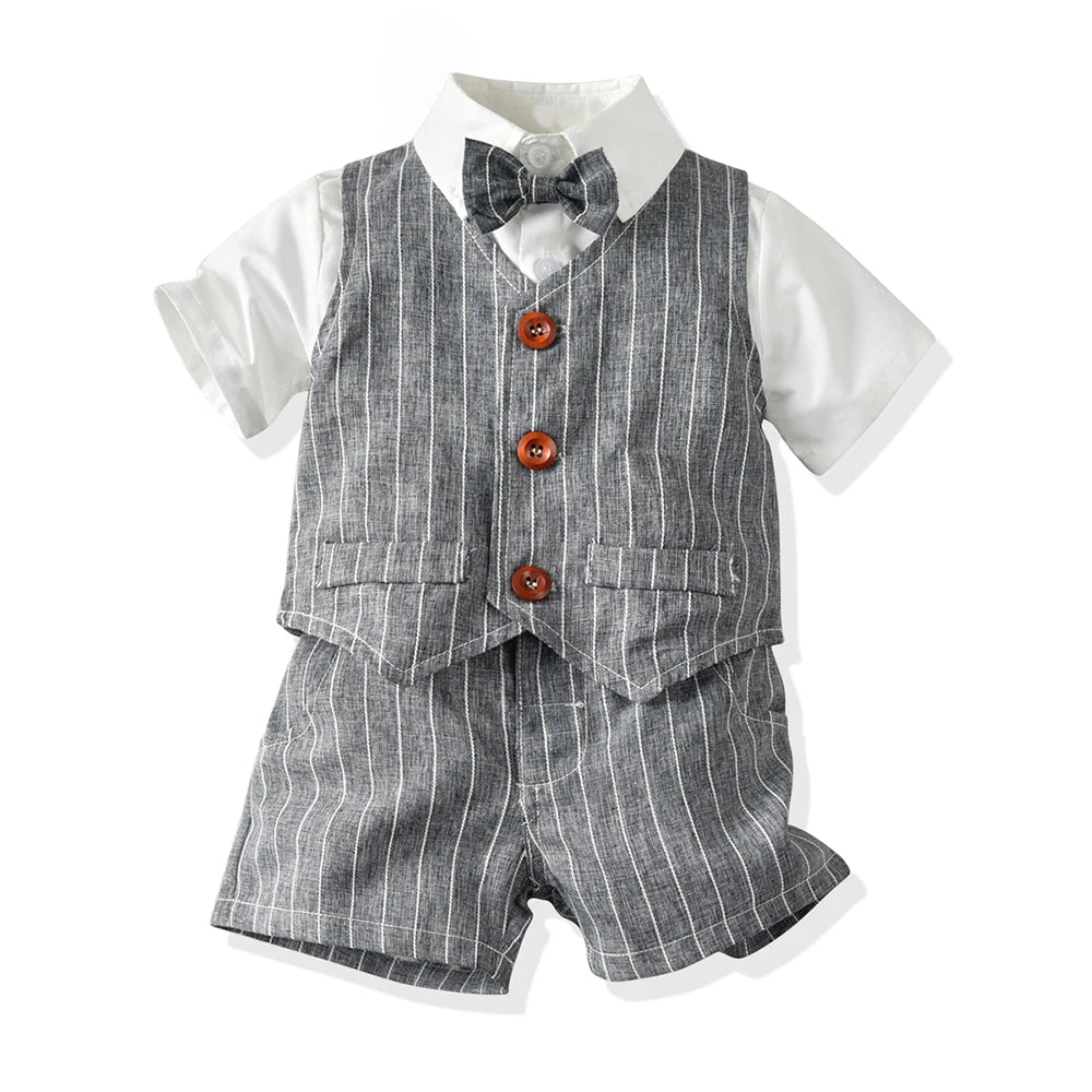 Top and Top Spring&Autumn Baby Boy Gentleman Suit White Shirt with Bow Tie+Striped Vest+Trousers 3Pcs Formal Kids Clothes Set black
