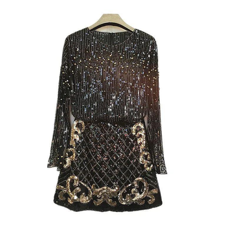 Birthday Party Korean New Women's Fashion Heavy Craft Nail Bead Long Sleeve Sequin Shirt With Buttocks And Skirt 2pcs Set black
