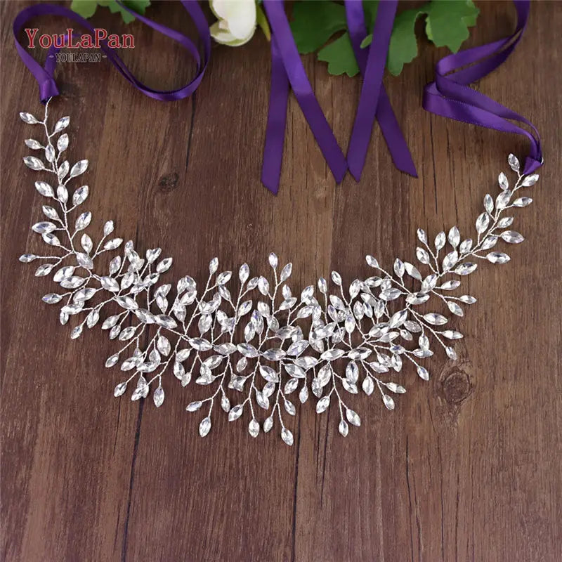 YouLaPan Fast Shipping Wedding Dress Belt Bridal's Belt Rhinestone Belt Wedding Bridal Sash Belt Silver Crystal Belt SH237 Purple ribbon